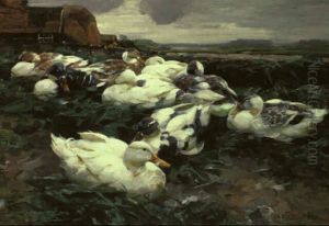 Neun Enten Vor Einem Bauernhaus by Alexander Max Koester