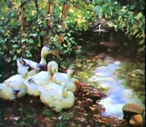 Five Ducks Beside A Stream by Alexander Max Koester