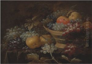 A Still Life With Quinces, Grapes And An Apple In And Around A Wicker Basket by Roelof Koets the Elder