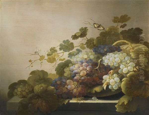 Still Life With Grapes And Vines Arranged In A Basket On A Stone Ledge, With Butterflies, A Grasshopper And A Spider - view 1