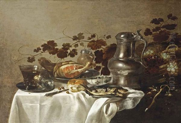 A Silver Plate With Two Roemers, A Sliced Ham And Fish, A Wan-li Porcelain Bowl, Bread, A Tin Jug And Wicker Basket With Grapes And Vines... - view 1