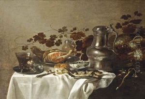 A Silver Plate With Two Roemers, A Sliced Ham And Fish, A Wan-li Porcelain Bowl, Bread, A Tin Jug And Wicker Basket With Grapes And Vines... by Roelof Koets the Elder