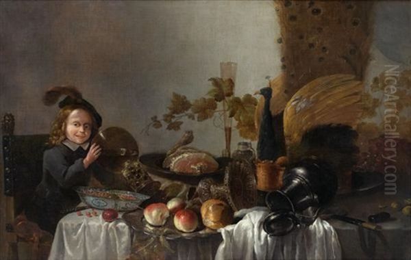 Jeune Garcon Posant Un Rohmer Sur Une Table Au Milieu De Pieces D'orfevrerie, De Victuailles Et De Fruits - view 1