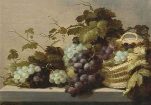 Black And White Grapes, Partly In A Wicker Basket, All On A Stone Ledge by Roelof Koets the Elder