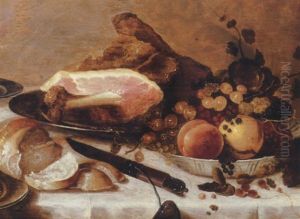 Peaches, Gooseberries, Redcurrants And Blueberries In A Porselein Bowl, With A Ham, A Bread Roll And A Knife On A Draped Table