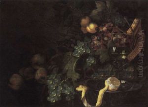 A Basket Of Fruit With A Roemer Of White Wine, A Sliced Lemon On A Pewter Plate On A Draped Table by Roelof Koets the Elder