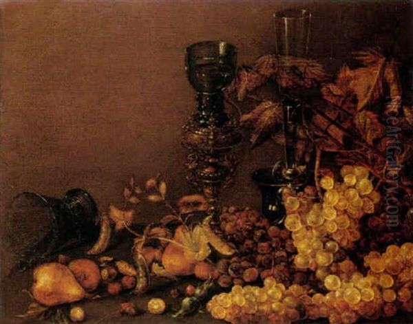Still Life Of Red And White Grapes, Pears, Cherries, Hazelnuts And Peas, Together With A Wine Glass, An Upturned Roemer And A Roemer On A Gilt Stand - view 1