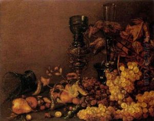Still Life Of Red And White Grapes, Pears, Cherries, Hazelnuts And Peas, Together With A Wine Glass, An Upturned Roemer And A Roemer On A Gilt Stand by Roelof Koets the Elder