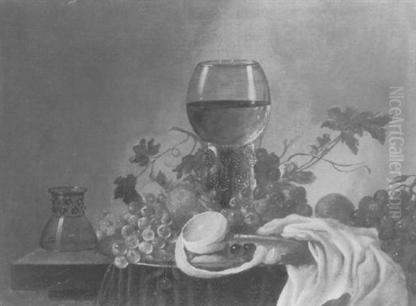 A Still Life Of A Peeled Lemon, Grapes, Cherries On A Silver Plate Beside An Upturned Roemer, With A Larger Roemer Behind On A Partly Draped Table - view 1