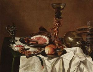 Mahlzeitstilleben Um Schinken, Glas Wein Auf Vergoldeter Becherschraube, Brotchen, Umgelegtem Romer Und Buchern by Roelof Koets the Elder