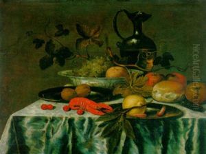 Grapes, Vine Leaves And An Orange In A Wanli Kraak Porselein Dish, Walnuts, A Lemon, And Prawns On Perter Plates