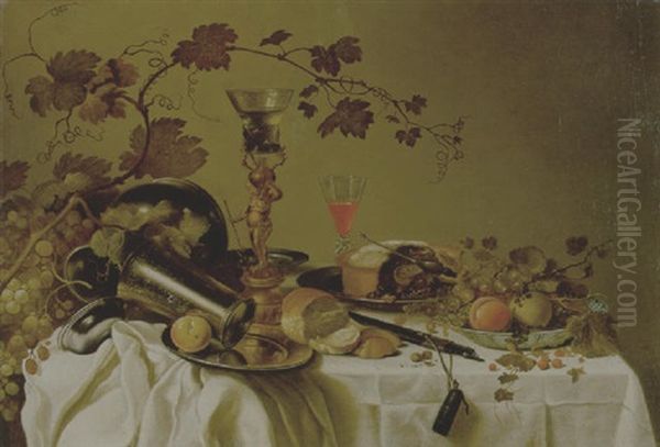 Stilleben Mit Fruchten In Einer Delfterschale, Brombeerpastete, Zinngeschirr, Verschiedenen Glasern Und Trauben - view 1