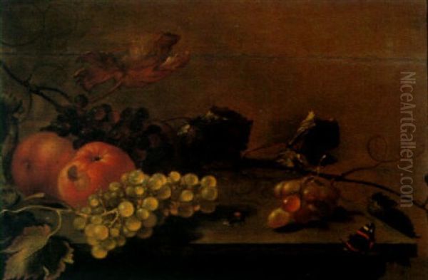Nature Morte Aux Raisins Et Pommes Sur Un Entablement - view 1