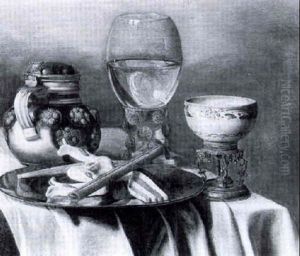 A Still Life Of A Roemer, Ceramic Bowl, Pottery Jug And Sweetmeats On A Plate On A Table