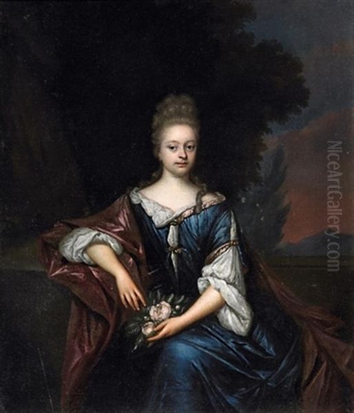 Portrait Einer Dame In Blauem Satinkleid. In Den Handen Ein Rosenbouquet Haltend - view 1