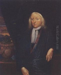 A Portrait Of A Gentleman Wearing A Blue Robe With A White Chabot, A Curtain And A Garden View Beyond