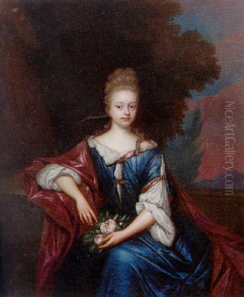 Portrait Of A Lady Wearing A Blue Satin Dress With Red Wrap And Wig, Holding Flowers - view 1