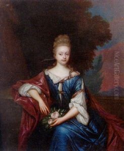 Portrait Of A Lady Wearing A Blue Satin Dress With Red Wrap And Wig, Holding Flowers