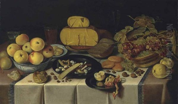 A Banquet With Cheese And Fruit On Pewter Plates, A Basket Of Grapes, Apples In A Wan-li Kraak Porcelain Bowl, And Bread And Glasses On A Draped Table - view 1