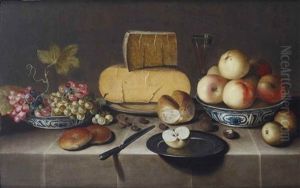Cheese On A Silver Plate, Red And White Grapes And Apples In Porcelain Wanli Bowls, Bread Rolls, A Knife And A Sliced Apple On A Plate, All On A Draped Table