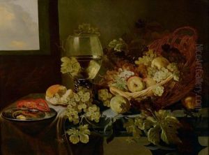 Nature Morte A La Corbeille De Fruits Avec Un Roehmer Sur Un Drape Bleu by Roelof Koets