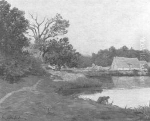 Flusslandschaft Mit Waschender Frau Und Gehoft by Achille Koetschet