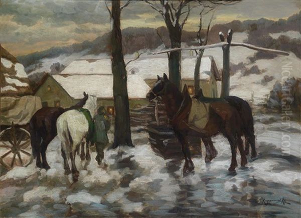 Winterliche Landschaft Mit Pferden In Der Abenddammerung - view 1