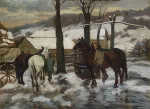 Winterliche Landschaft Mit Pferden In Der Abenddammerung Winterliche Landschaft Mit Pferden In Der Abenddammerung