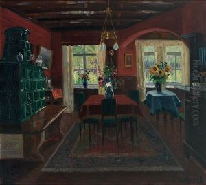 Interieur - Blick In Eine Gute Stube Mit Grunem Kachelofen Vor Roter Wand