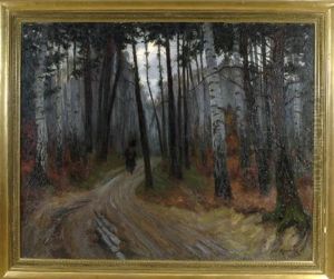 Holzsammlerin Auf Dem Heimweg Im Abendlichen Birkenwald by Jakob Koganowsky