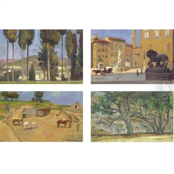 Cypress Trees, Italian Street Scene, Farm Scene, Trees (set Of 4) - view 1