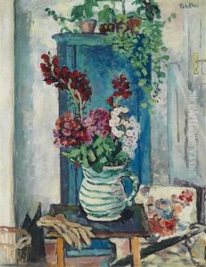 Krug Mit Blumen Vor Einem Blauen Kasten by Robert Kohl
