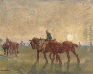 Zwei Landarbeiter Zu Pferd Auf Dem Heimweg Bei Sonnenuntergang by Hans Kohlschein