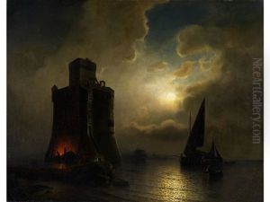 Nachtlicher Wachturm Am Meer by Julius Koehnholz