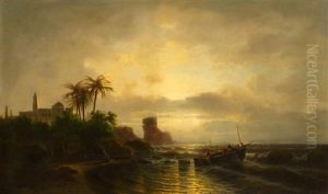 An Der Adria. Fischer Vor Einer Kuste, Links Eine Klosteranlage Im Abendlicht by Julius Koehnholz