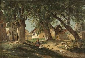 Dorf Mit Spielenden Kindern Und Entenschar Dorf Mit Spielenden Kindern Und Entenschar