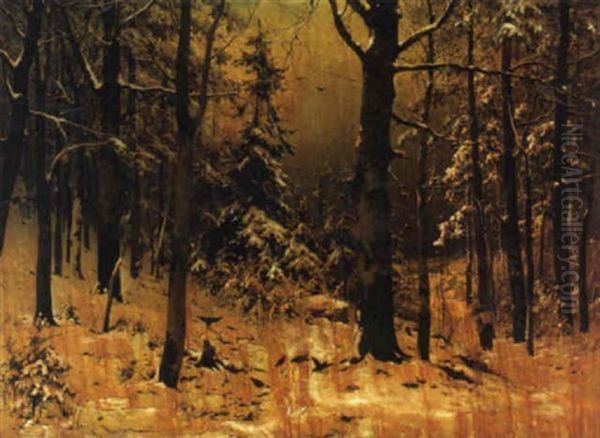 A Figure On A Path In A Forest Interior With Birds Feeding In The Foreground And A Town Beyond - view 1