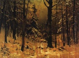 A Figure On A Path In A Forest Interior With Birds Feeding In The Foreground And A Town Beyond by Gustav Koken