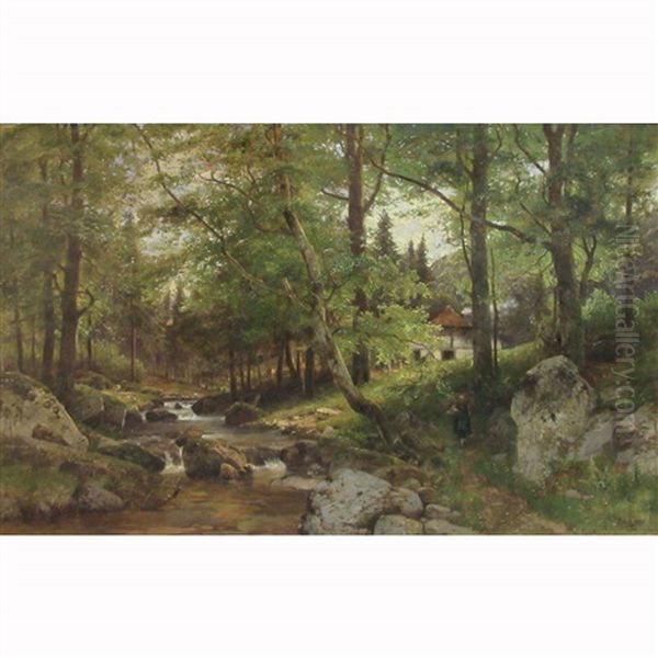 Cottage And Figure Beside A Woodland Stream - view 1