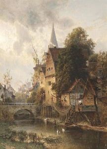 In Einem Norddeutschen Stadtchen. Blick Auf Die Hinterhauser Am Bach