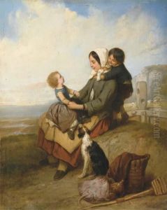 Jeune Mere Et Ses Enfants Sur Le Bord De Mer by Joseph Beaume