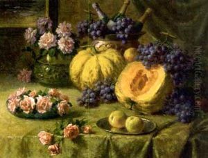 Melon, Raisins, Pommes Et Roses Sur Une Table by Henri Kokken