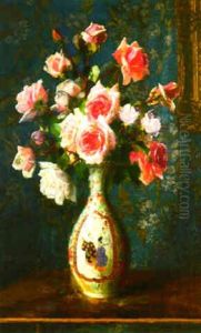 Pink Roses In A Japanese Vase On A Table Pink Roses In A Japanese Vase On A Table
