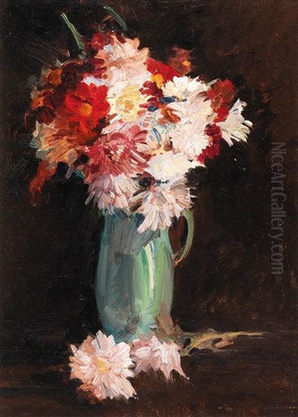 Autumn Flowers In A Green Vase - view 1