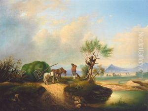 Hugelige Sommerlandschaft, Im Vordergrund Umgesturzter Heuwagen Mit Pferden Und Dem Ratlosen Bauern