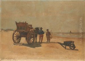Pecheurs Et Chariot Sur La Plage by Bernard Marie Koldewey