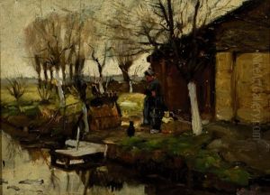 Farmer's Wife At A Farm Near A Ditch In A Polderscape