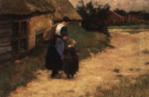 Op Weg Naar Huis- A Peasant Woman With Her Daughter On A Path by Bernard Marie Koldewey