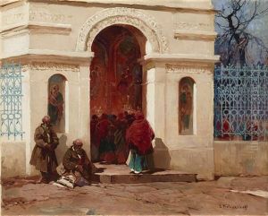 Outside A Church by Stepan Feodorovich Kolesnikov