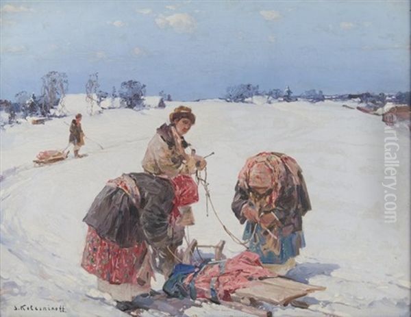 Peasants With Sled By A Snowy Village - view 1